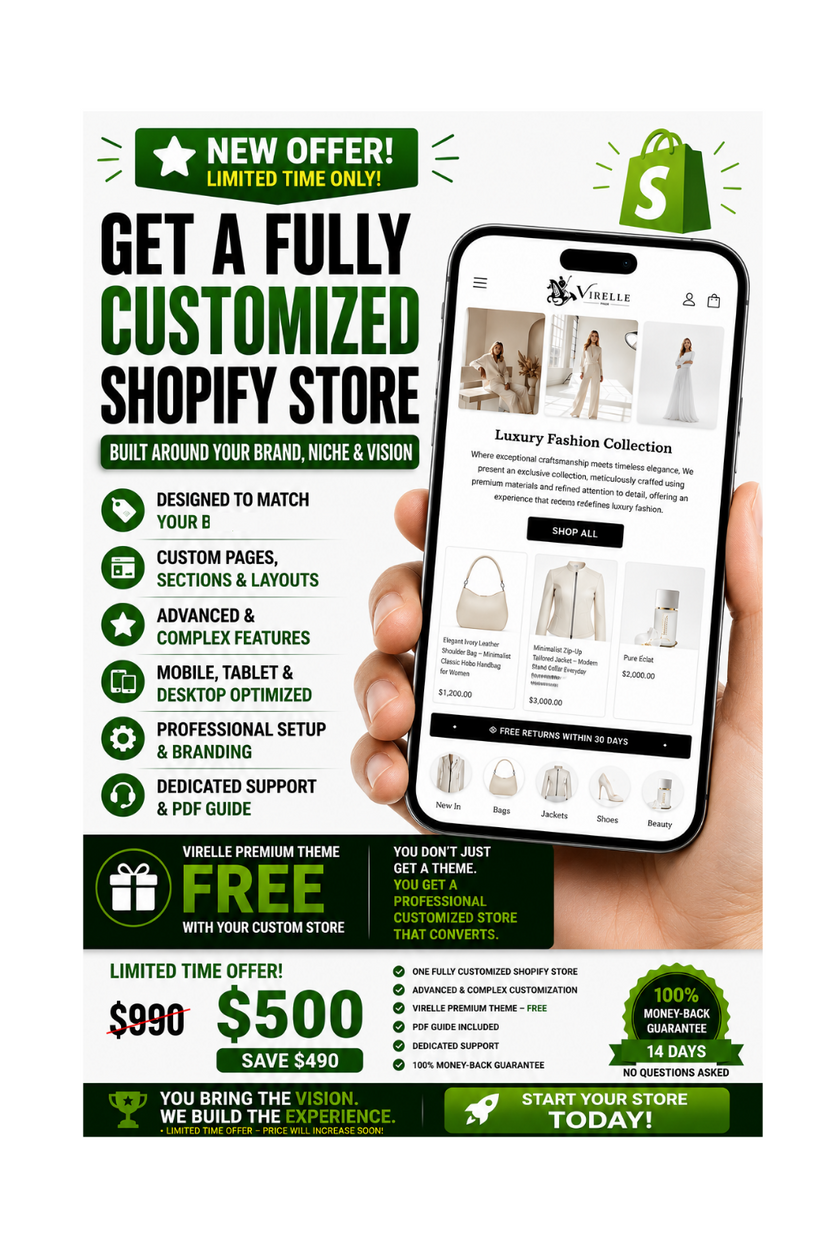 Full customization of one store + the excellent Shopify Virelle team for free!