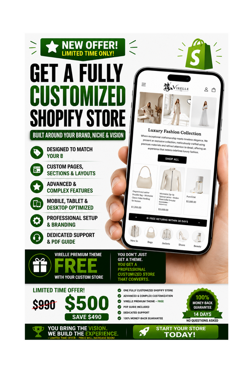 Full customization of one store + the excellent Shopify Virelle team for free!